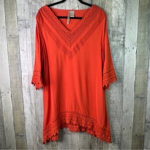 Forgotten Grace 3X 100% Rayon Orange V-Neck Crocheted Lace Trim & Hem Tunic Top
